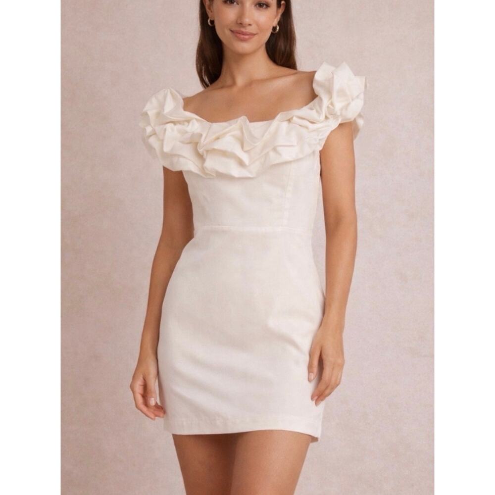 DO+BE Ivory Off-The-Shoulder Ruffle Mini Dress Womens L Graduation Bridal Shower